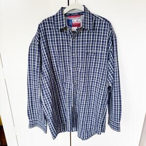 George Straight Wrangler Button Down Shirt LARGE Mens Blue Plaid‎ Long Sleeve